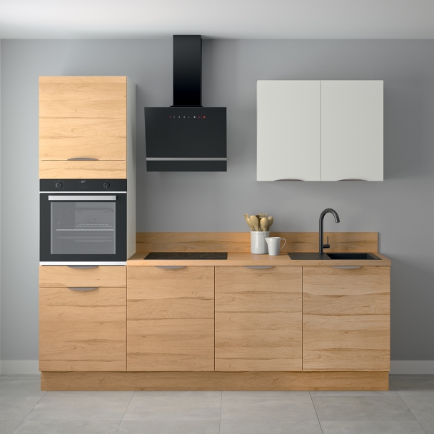 Cuisine complète Bois et Blanc mat 240 cm avec meuble colonne