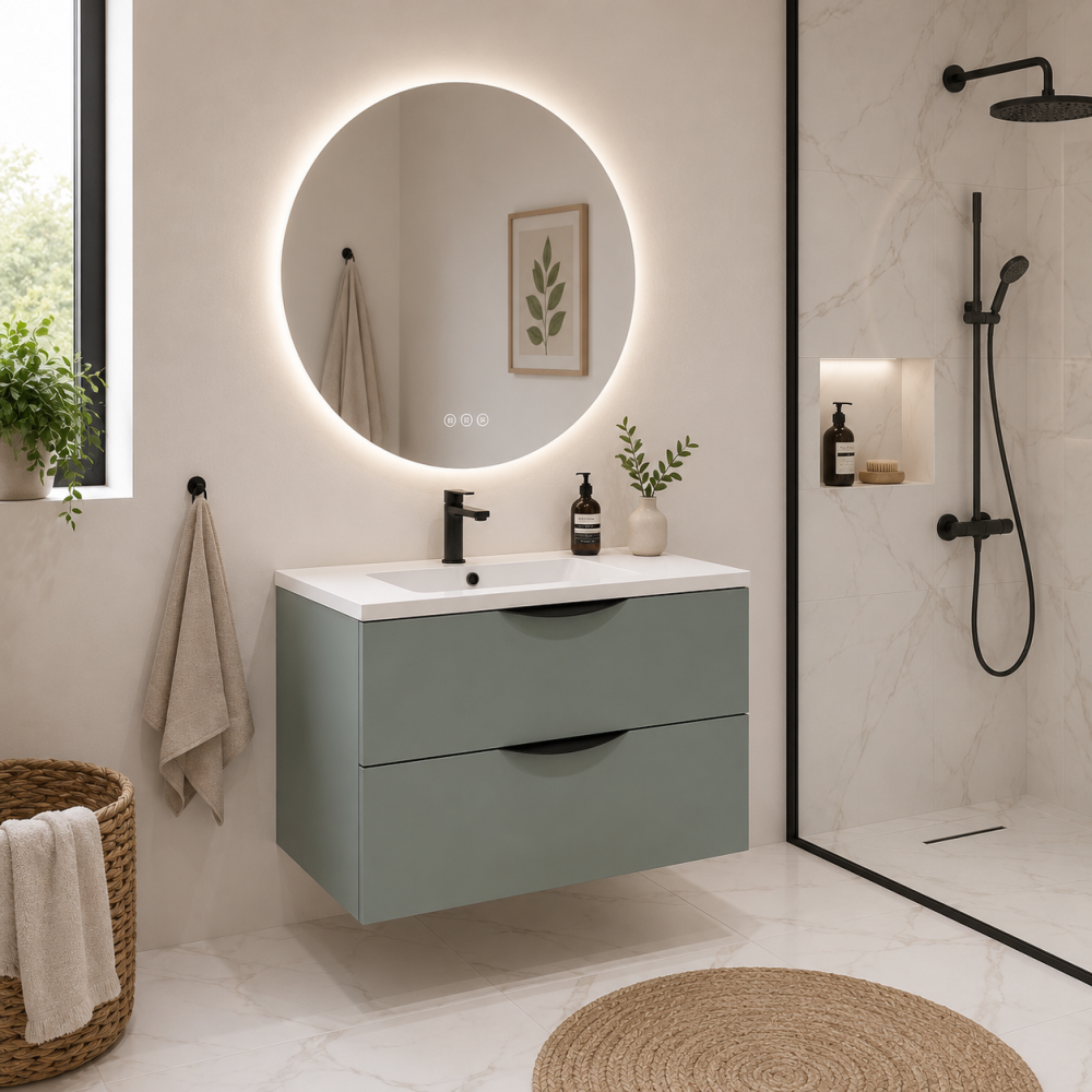 Meuble de salle de bain suspendu 80 cm 2 tiroirs avec vasque céramique - Vert Opale Mat - Avec miroir