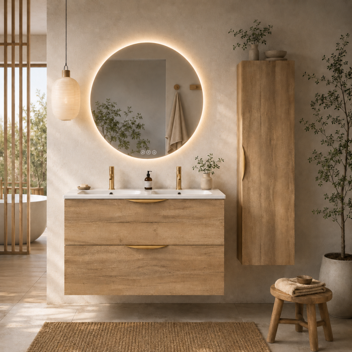 Meuble de salle de bain suspendu 120 cm 2 tiroirs avec vasque céramique - Chêne Structuré - Avec colonne