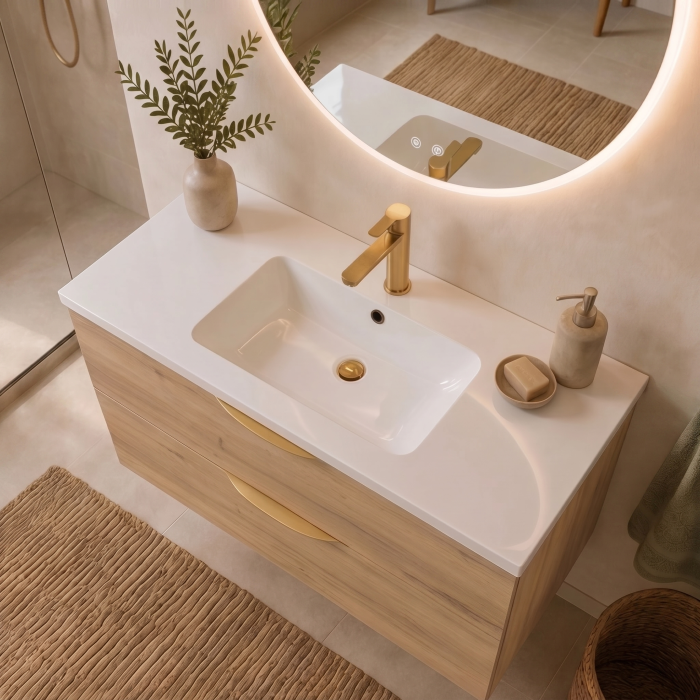 Meuble de salle de bain suspendu 90 cm 2 tiroirs avec vasque céramique - Chêne Structuré - Avec colonne