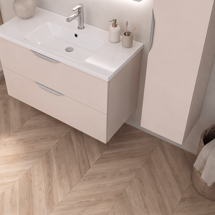 Meuble de salle de bain suspendu 90 cm 2 tiroirs avec vasque céramique - Lin Mat - Avec miroir