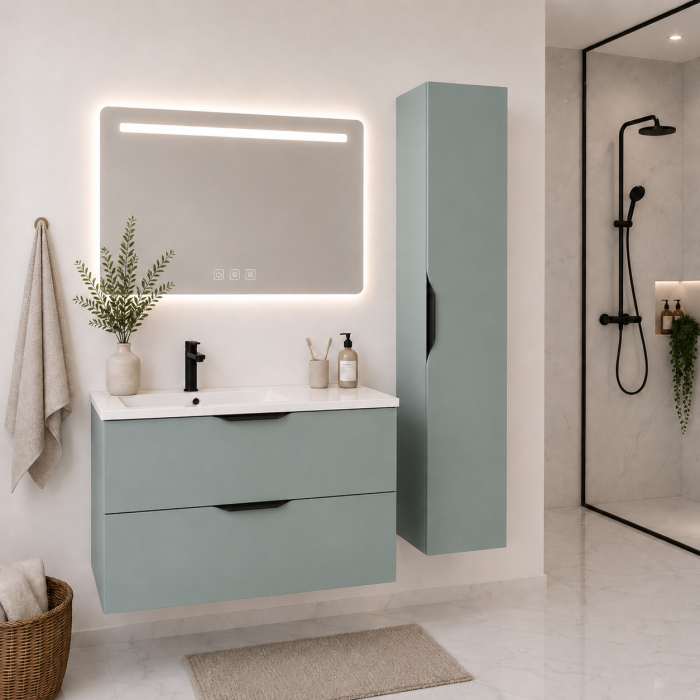 Meuble de salle de bain suspendu 100 cm 2 tiroirs avec vasque céramique - Vert Opale Mat - Avec miroir