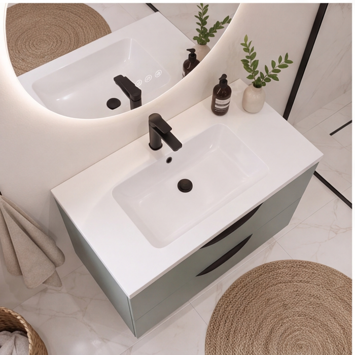 Meuble de salle de bain suspendu 80 cm 2 tiroirs avec vasque céramique - Vert Opale Mat