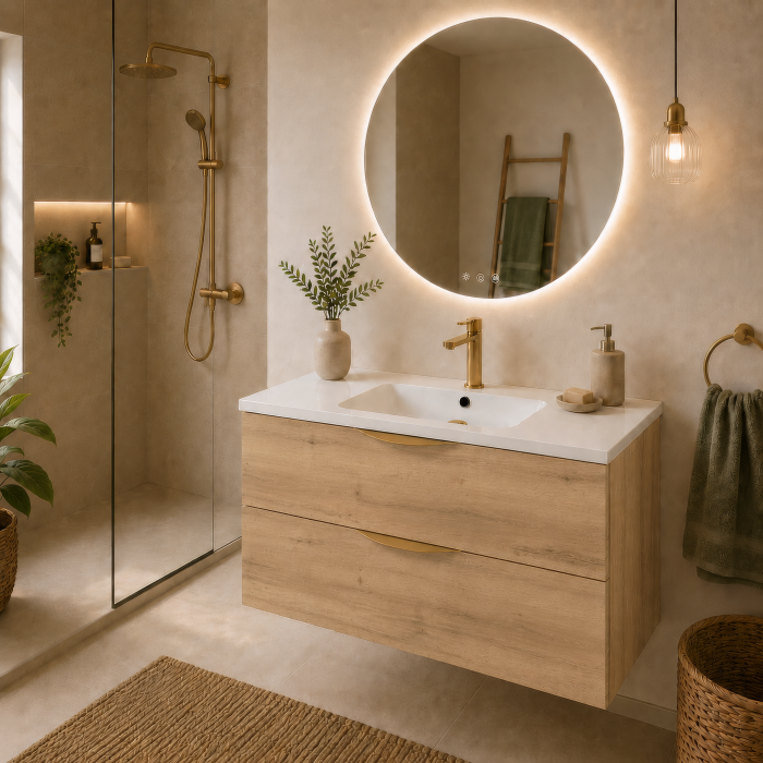 Meuble de salle de bain suspendu 90 cm 2 tiroirs avec vasque céramique - Chêne Structuré - Avec colonne et miroir