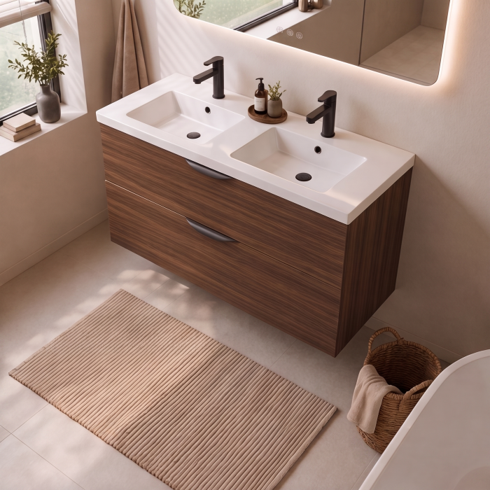 Meuble de salle de bain suspendu 120 cm 2 tiroirs avec vasque céramique - Noyer foncé - Avec miroir