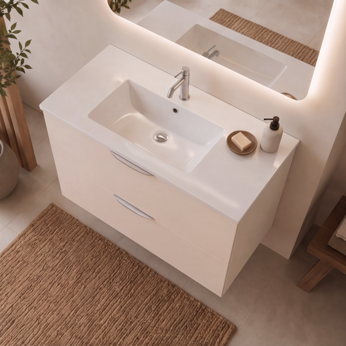 Meuble de salle de bain suspendu 100 cm 2 tiroirs avec vasque céramique - Lin Mat - Avec miroir