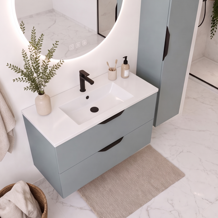 Meuble de salle de bain suspendu 90 cm 2 tiroirs avec vasque céramique - Vert Opale Mat - Avec colonne