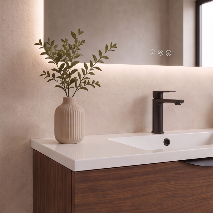 Meuble de salle de bain suspendu 90 cm 2 tiroirs avec vasque céramique - Noyer foncé