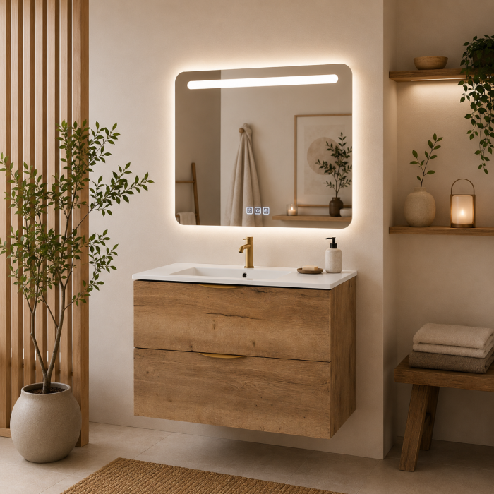 Meuble de salle de bain suspendu 100 cm 2 tiroirs avec vasque céramique - Chêne Structuré - Avec miroir