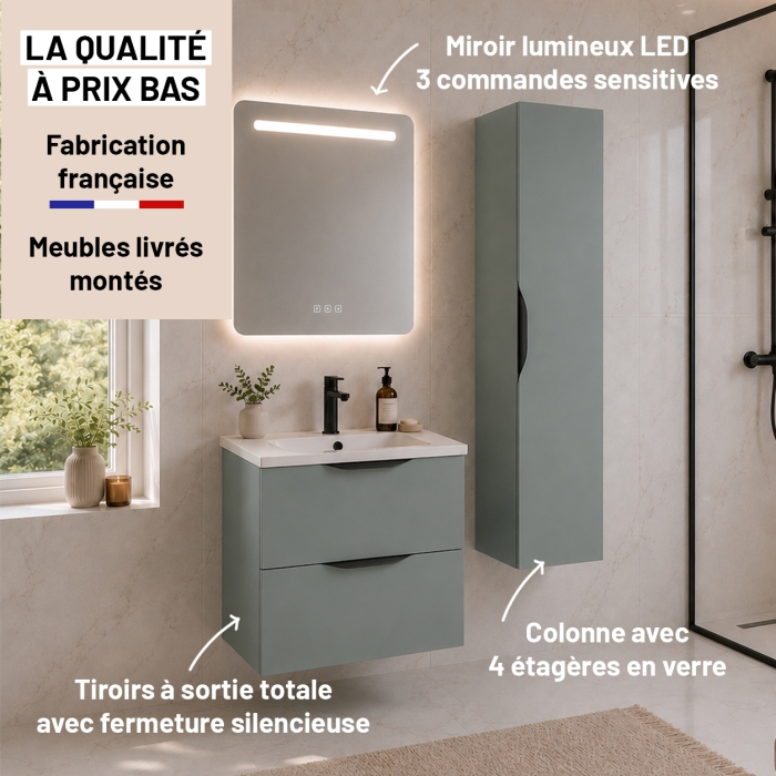 Meuble de salle de bain suspendu 60 cm 2 tiroirs avec vasque céramique - Vert Opale Mat - Avec colonne et miroir