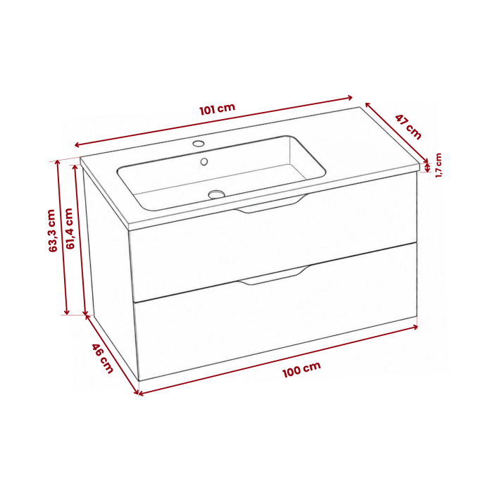 Meuble de salle de bain suspendu 100 cm 2 tiroirs avec vasque céramique - Vert Opale Mat