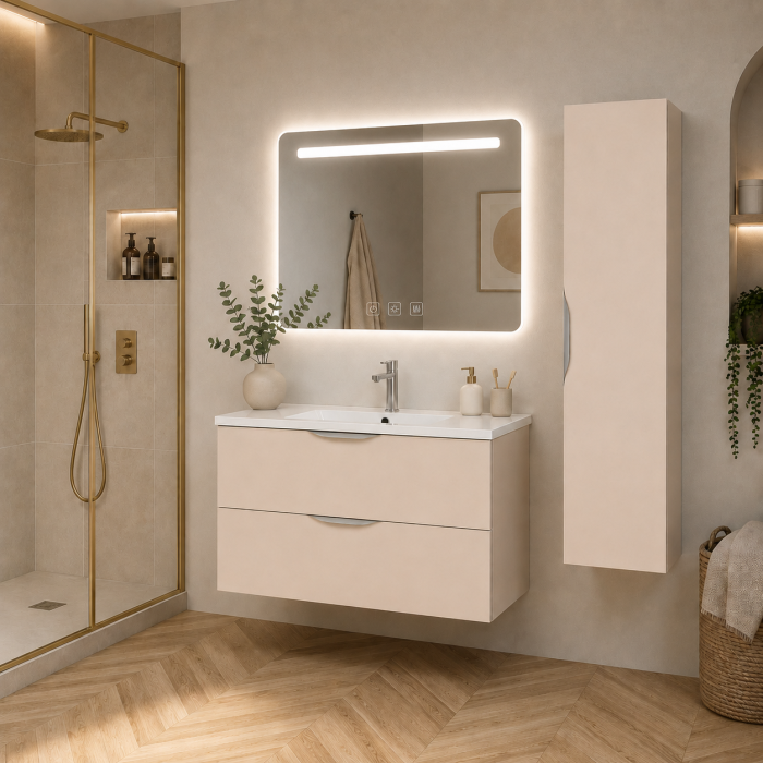 Meuble de salle de bain suspendu 90 cm 2 tiroirs avec vasque céramique - Lin Mat - Avec colonne