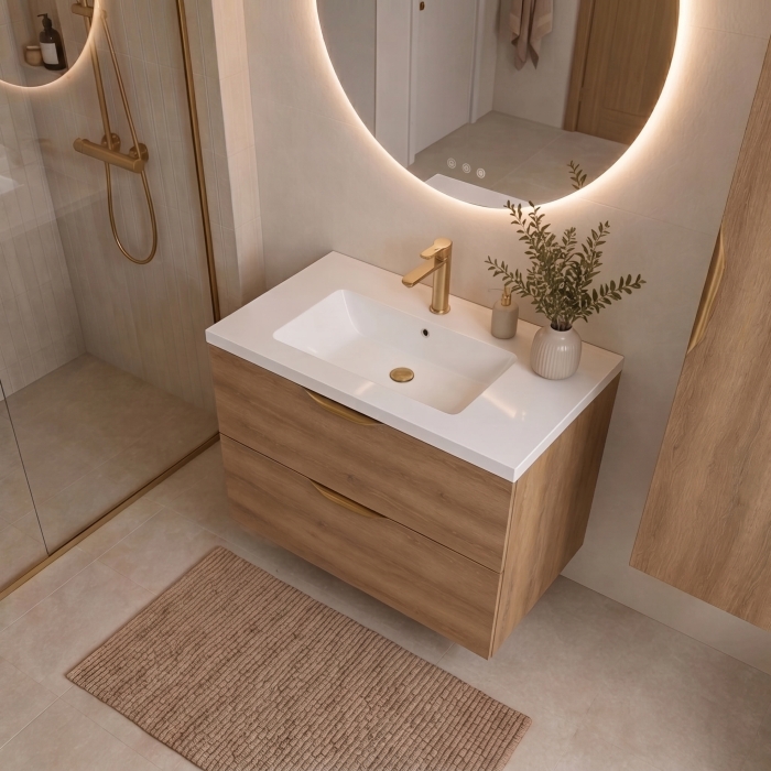 Meuble de salle de bain suspendu 80 cm 2 tiroirs avec vasque céramique - Chêne Structuré