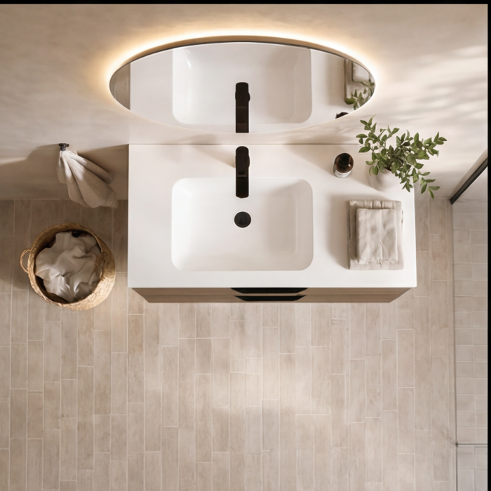 Meuble de salle de bain suspendu 100 cm 2 tiroirs avec vasque céramique - Noyer foncé - Avec miroir