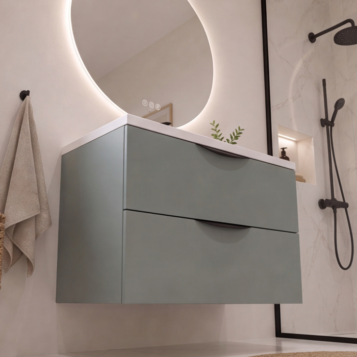 Meuble de salle de bain suspendu 80 cm 2 tiroirs avec vasque céramique - Vert Opale Mat