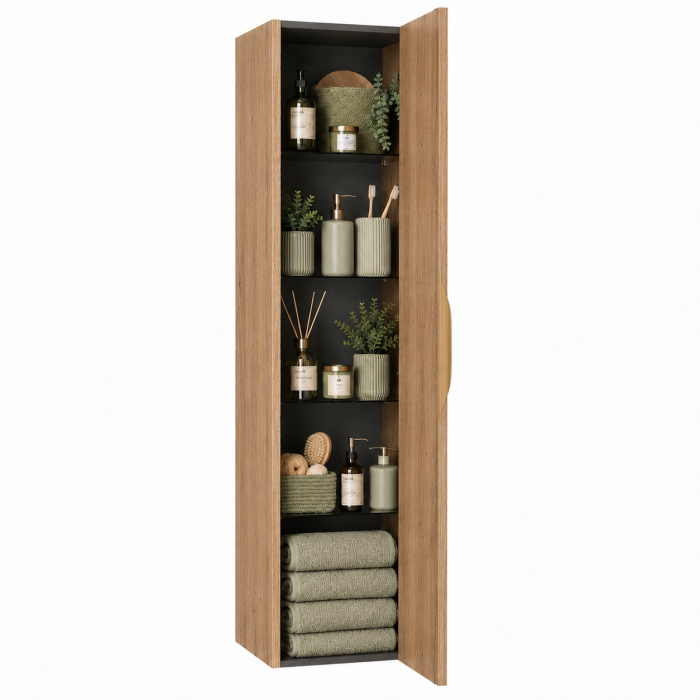 Meuble de salle de bain suspendu 90 cm 2 tiroirs avec vasque céramique - Chêne Structuré - Avec colonne