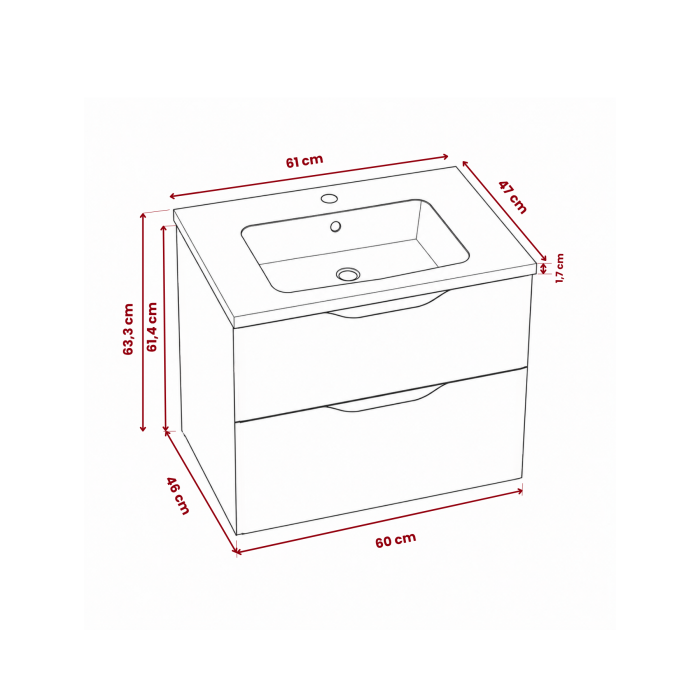 Meuble de salle de bain suspendu 60 cm 2 tiroirs avec vasque céramique - Lin Mat