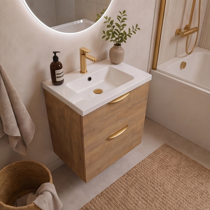 Meuble de salle de bain suspendu 60 cm 2 tiroirs avec vasque céramique - Chêne Structuré