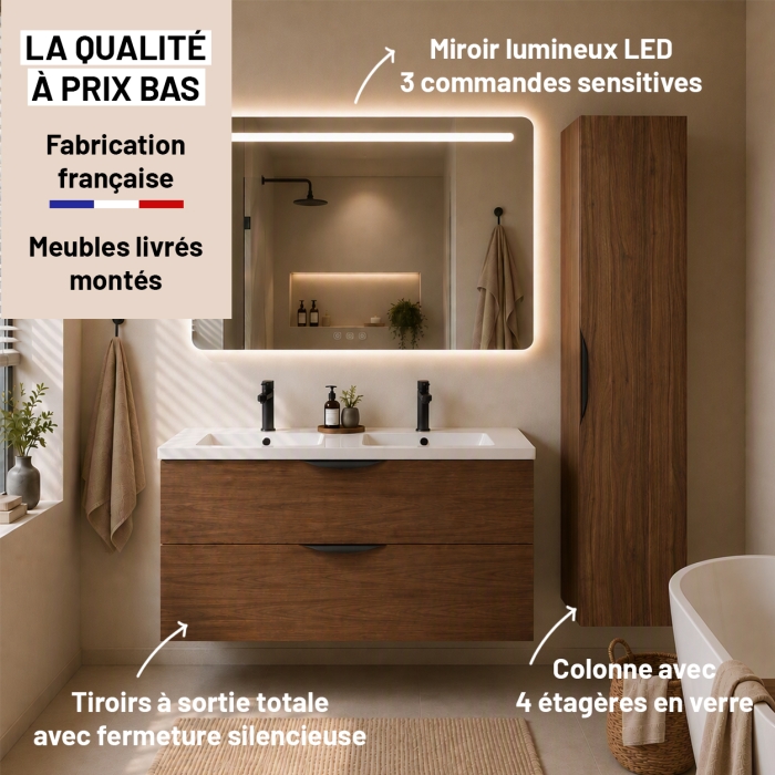 Meuble de salle de bain suspendu 120 cm 2 tiroirs avec vasque céramique - Noyer foncé