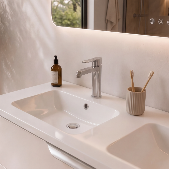 Meuble de salle de bain suspendu 120 cm 2 tiroirs avec vasque céramique - Lin Mat