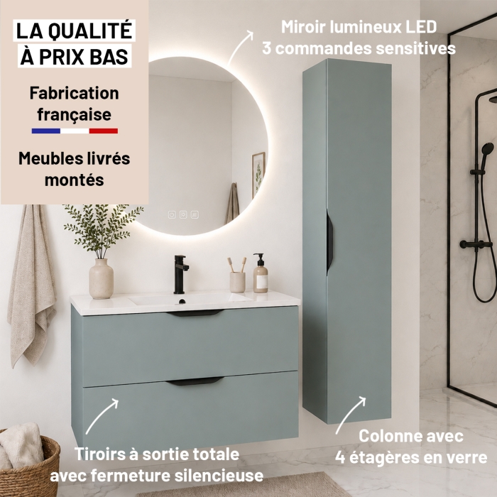 Meuble de salle de bain suspendu 90 cm 2 tiroirs avec vasque céramique - Vert Opale Mat - Avec colonne