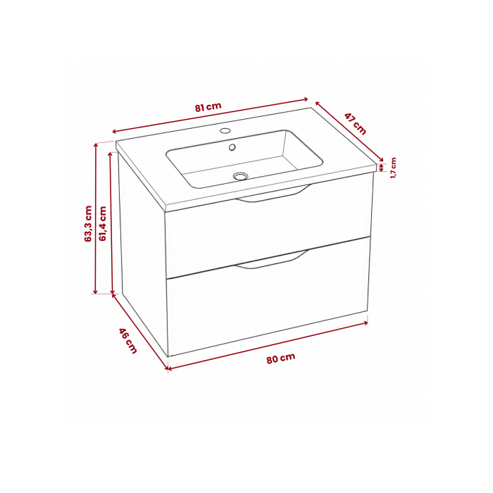 Meuble de salle de bain suspendu 80 cm 2 tiroirs avec vasque céramique - Lin Mat