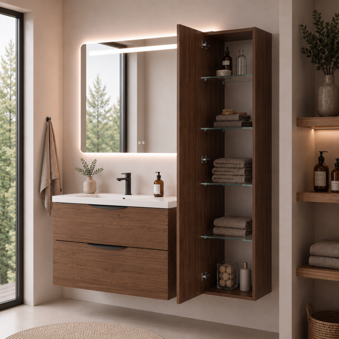 Meuble de salle de bain suspendu 80 cm 2 tiroirs avec vasque céramique - Noyer foncé