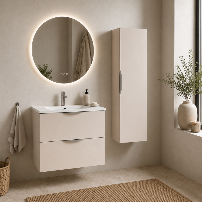 Meuble de salle de bain suspendu 80 cm 2 tiroirs avec vasque céramique - Lin Mat - Avec miroir