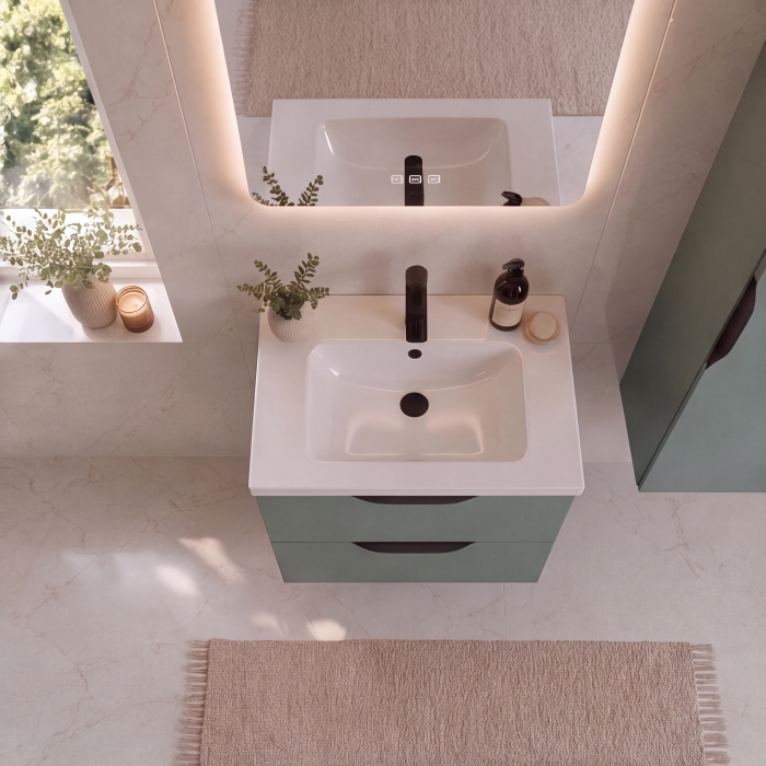 Meuble de salle de bain suspendu 60 cm 2 tiroirs avec vasque céramique - Vert Opale Mat