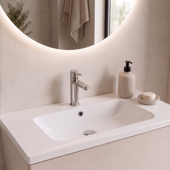 Meuble de salle de bain suspendu 60 cm 2 tiroirs avec vasque céramique - Lin Mat - Avec colonne et miroir
